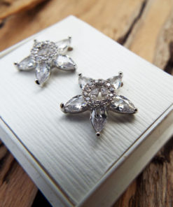 Earrings Flower Studs Silver Handmade Star Sterling 925 Floral Zircon Spring Vintage Antique Jewelry
