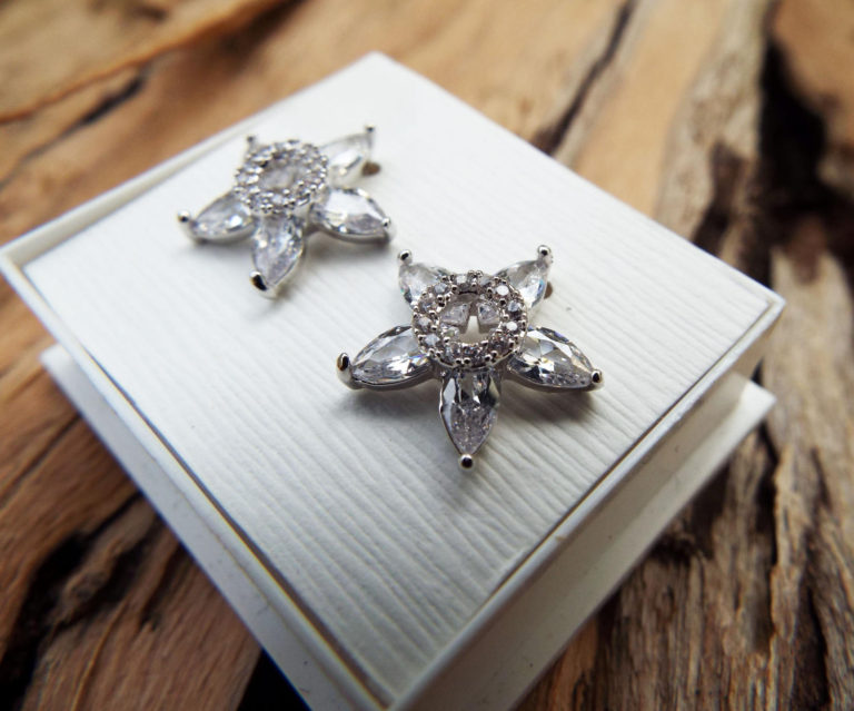 Earrings Flower Studs Silver Handmade Star Sterling 925 Floral Zircon Spring Vintage Antique Jewelry