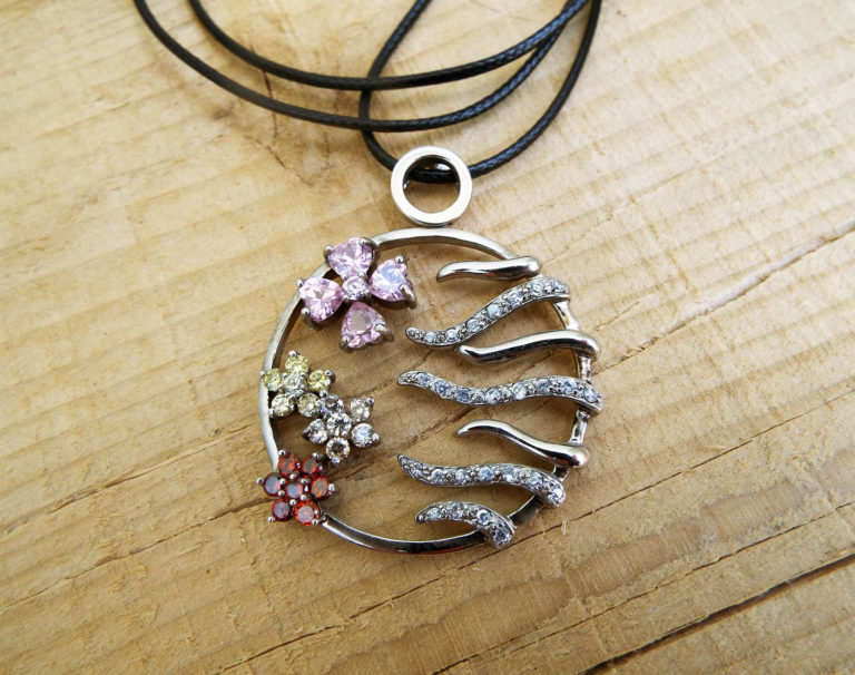 Flower Pendant Silver Handmade Necklace Sterling 925 Zircon Floral Jewelry Boho Symbol