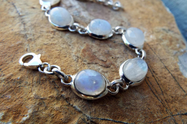 Moonstone Bracelet Silver Cuff Dangle Chain Sterling 925 Handmade Gemstone Gothic Dark Antique Vintage Jewelry