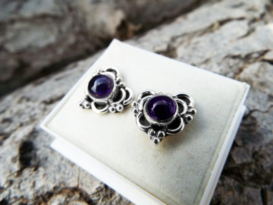 Amethyst Earrings Silver Studs Gemstone Handmade Sterling 925 Purple Gothic Dark Jewelry