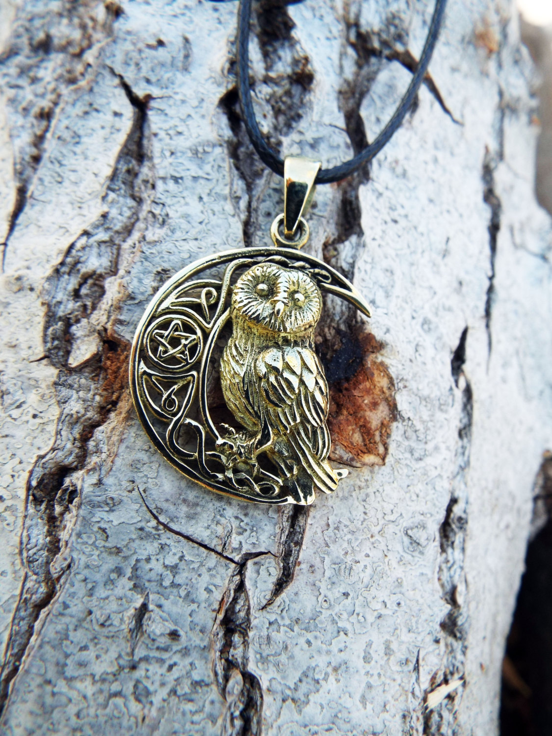 Bronze Owl Perch Branch Pendant Detailed Wicca Witch Goth Pagan Necklace Charm 