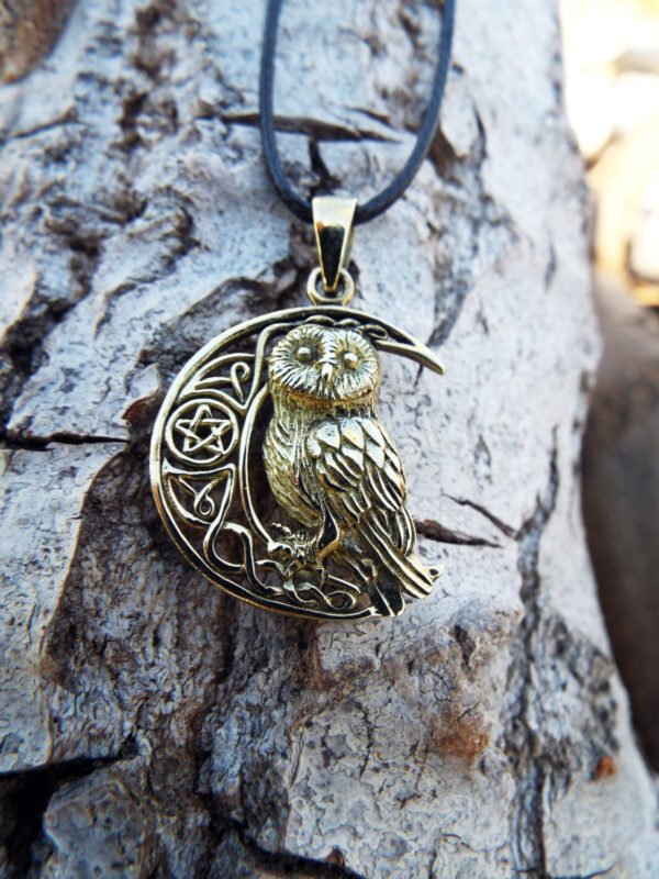 Owl Pendant Bronze Moon Pentagram Handmade Necklace Wisdom Celtic Wiccan Magic Jewelry