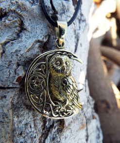 Vintage Celtic Wicca Owl Photo Cabochon Glass Black Chain Pendant Necklace 