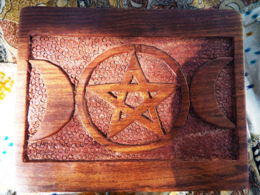 Pentagram Triple Moon Goddess Box Wooden Jewelry Handmade Carved Home Decor Trinket Gothic Wiccan Magic Pagan Treasure Chest
