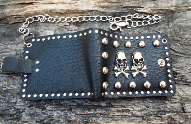 Wallet Purse Vegan Leather Handmade Skull Symbol Black Gothic Dark Chain Pouch Case Cruelty Free